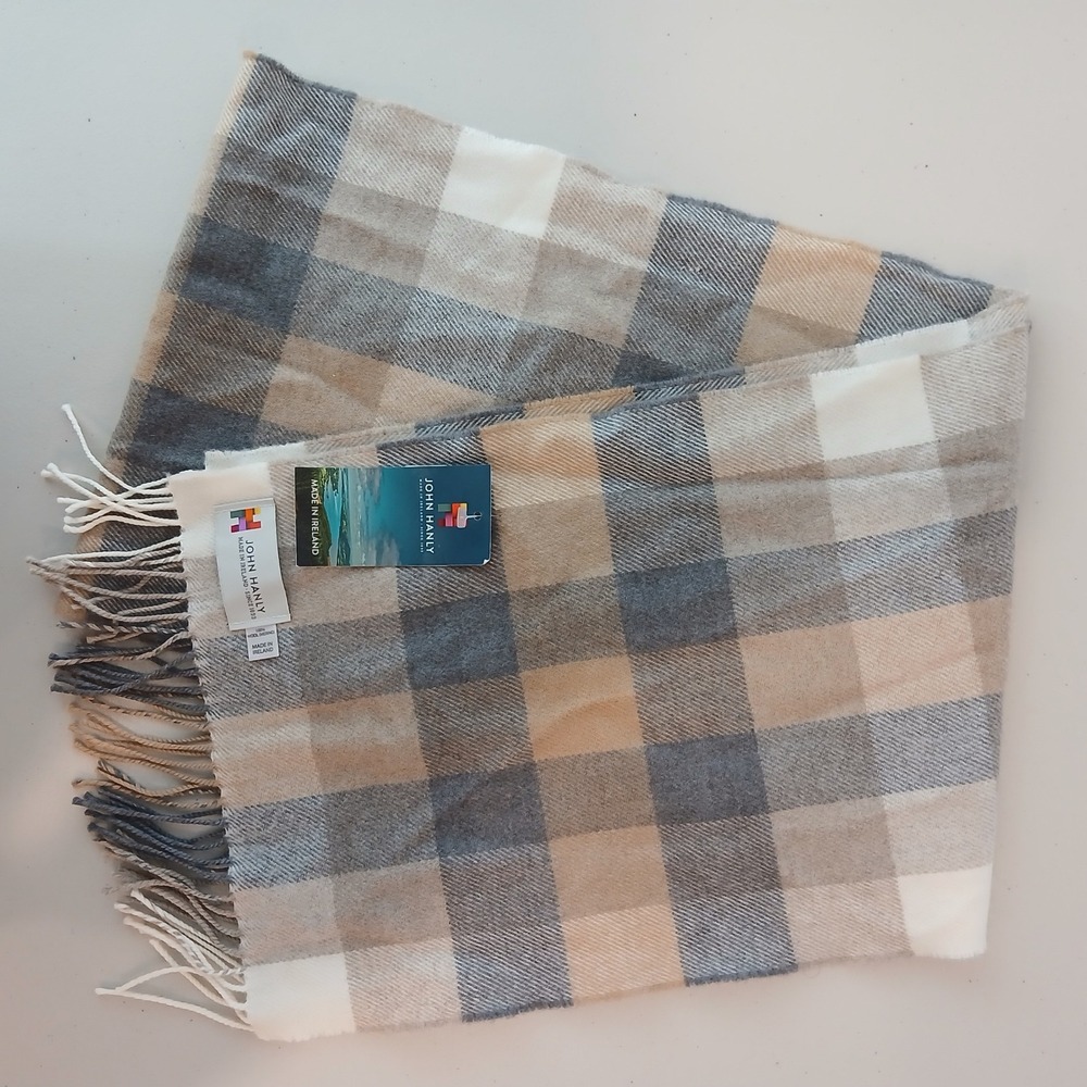 John Hanly Plaid Scarf Unisex OS Grey Tan 100% Merino Wool Made Ireland Fringe